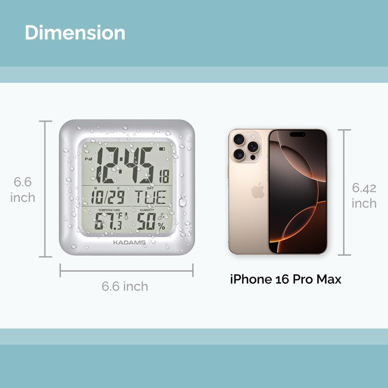 KADAMS Bathroom Clock 9.5" Kitchen Wall Clock with Large LCD Screen â€“ Shower Clock with Suction Cup,Temperature, Humidity, Calendar â€“ Water-Resistant, 4 Mounting Options, Silver - Image 5